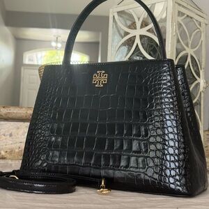 New 850!+ Tory Burch Britten Embossed Small Satchel/Crossbody Bag 141043 Black